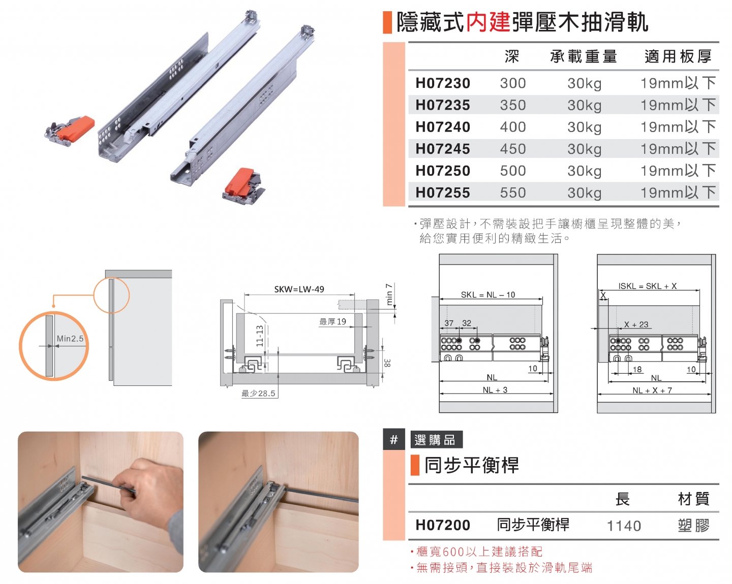 隱藏式內建彈壓木抽滑軌